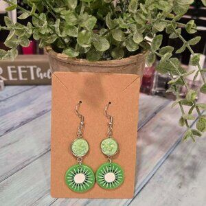Handmade Kiwi Slice Dangle Earrings | Green Druzy Fruit Earrings